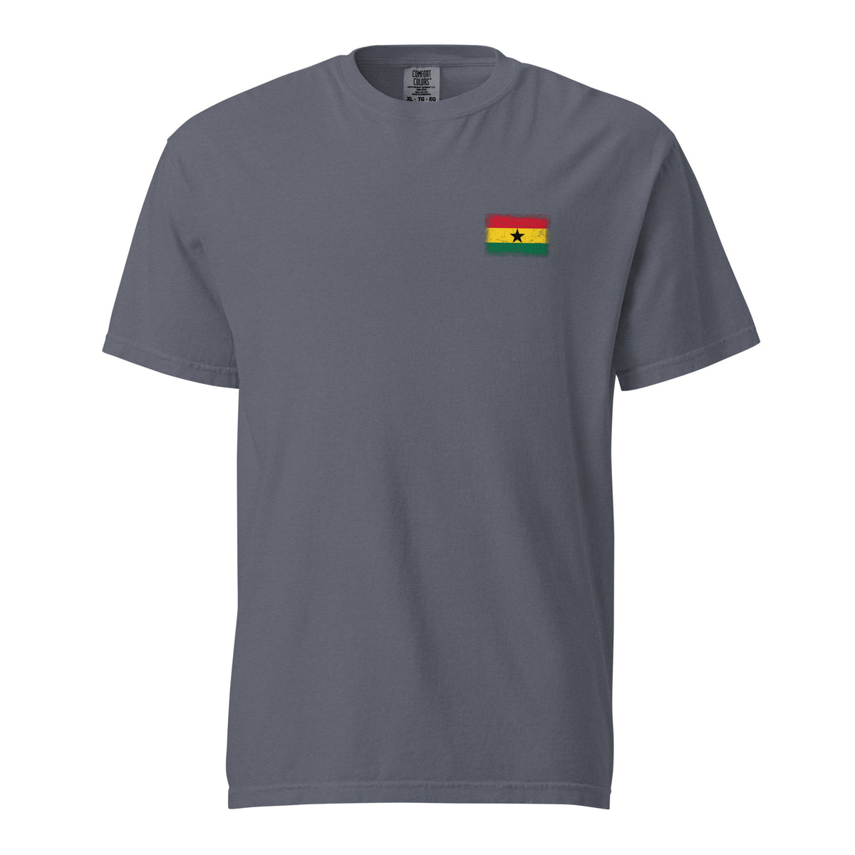 Ghana flag t-shirt in Denim, vintage-washed print, small flag on the left chest, unisex cut, front view