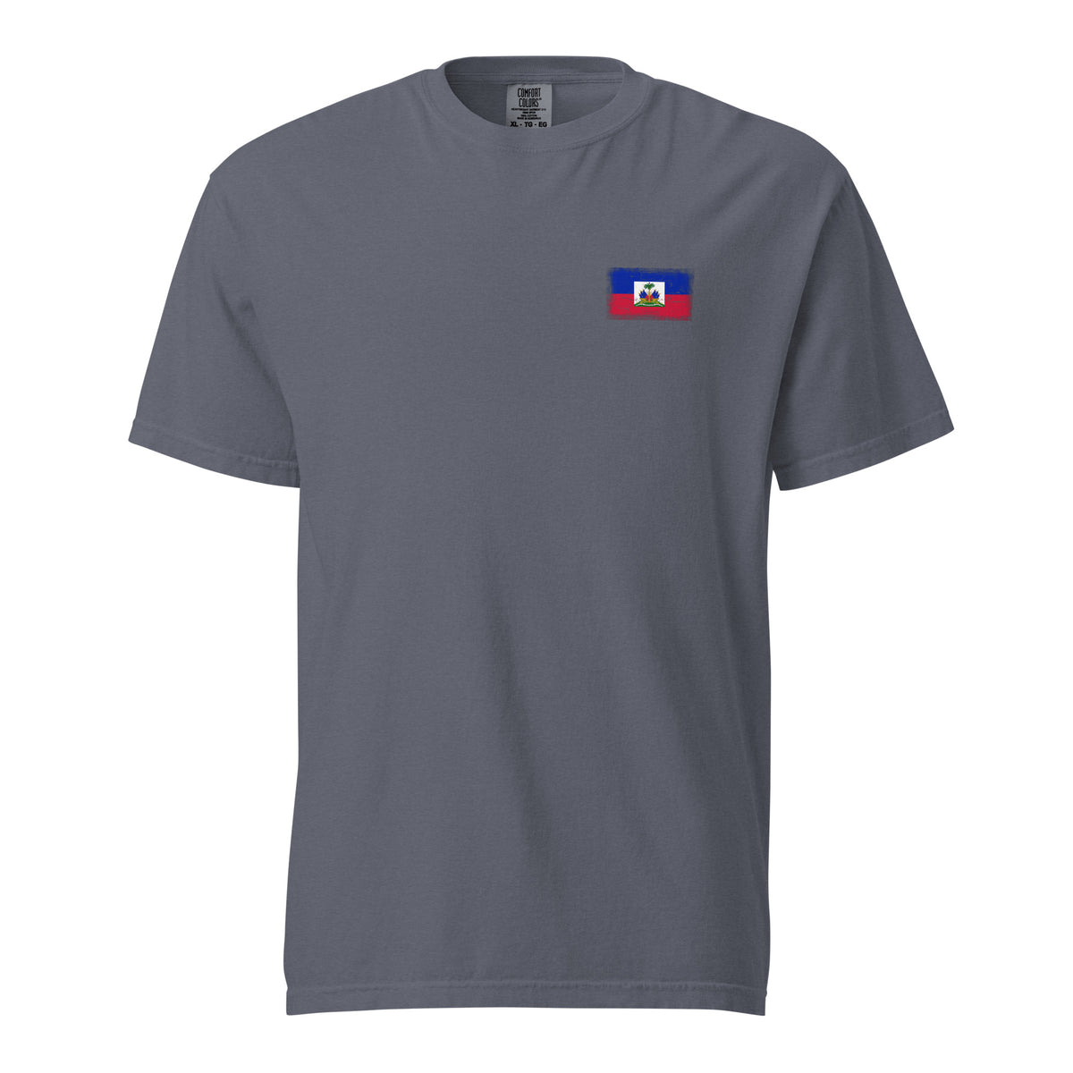 Haiti flag t-shirt in Denim, vintage-washed print, small flag on the left chest, unisex cut, front view
