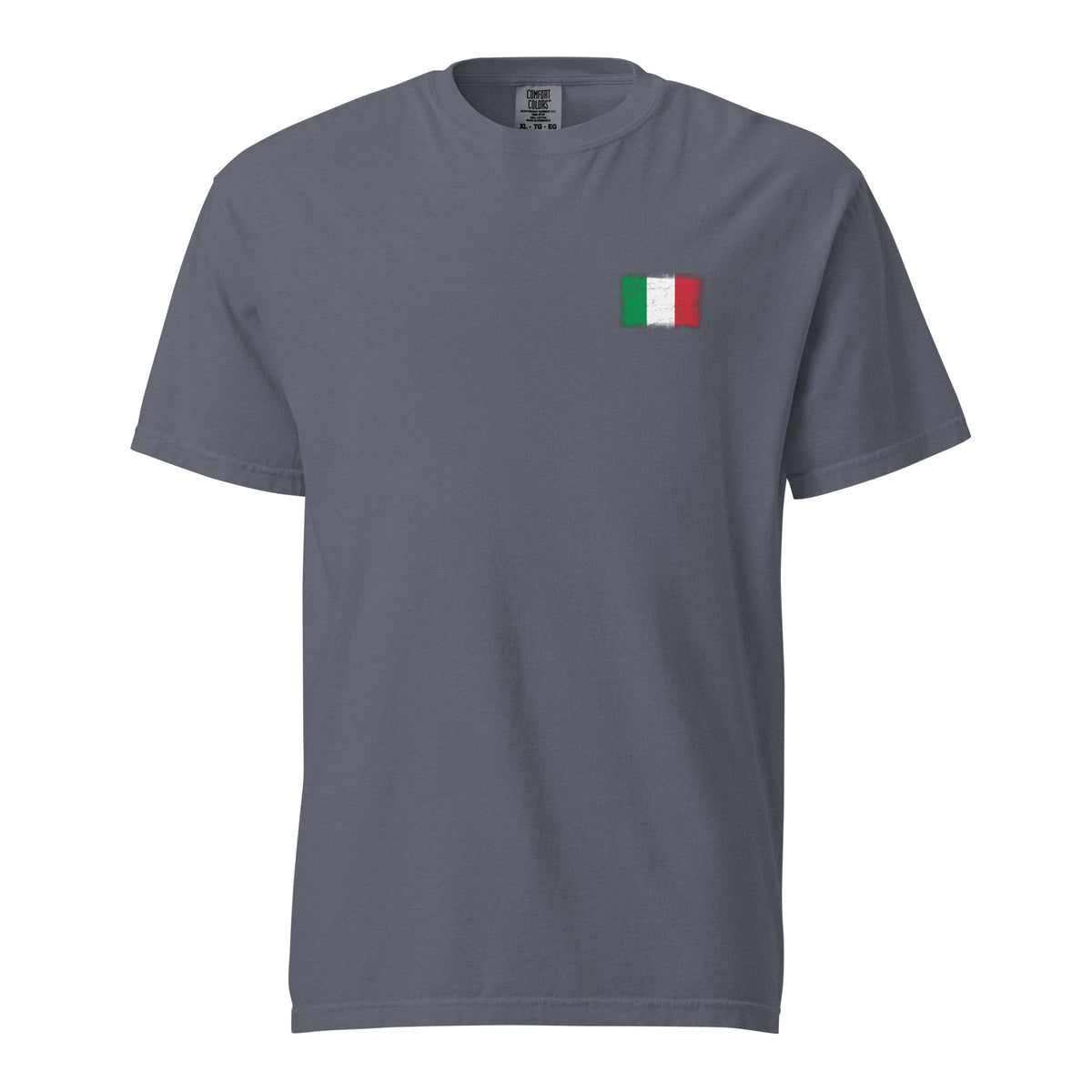 Italy flag t-shirt in Denim, vintage-washed print, small flag on the left chest, unisex cut, front view