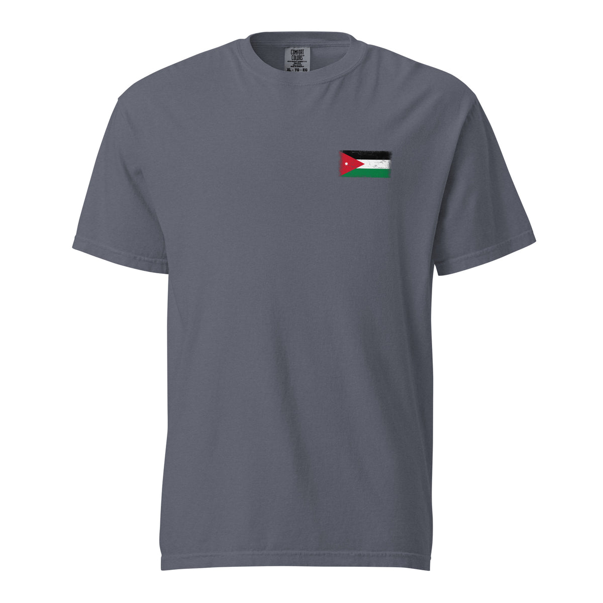 Jordan flag t-shirt in Denim, vintage-washed print, small flag on the left chest, unisex cut, front view