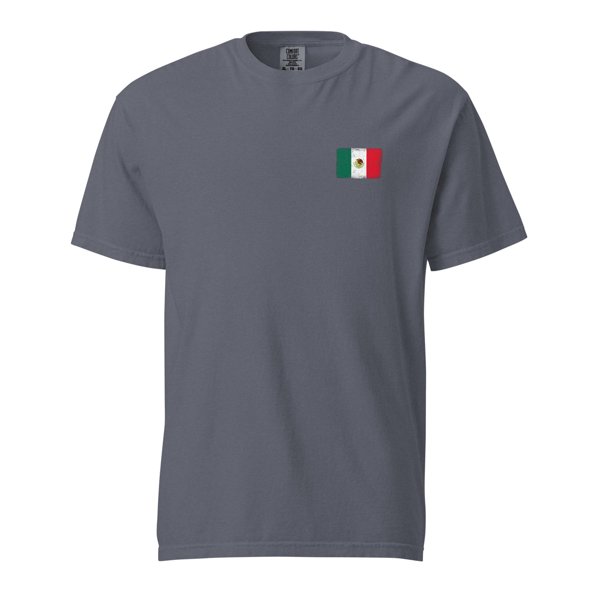 Mexico flag t-shirt in Denim, vintage-washed print, small flag on the left chest, unisex cut, front view