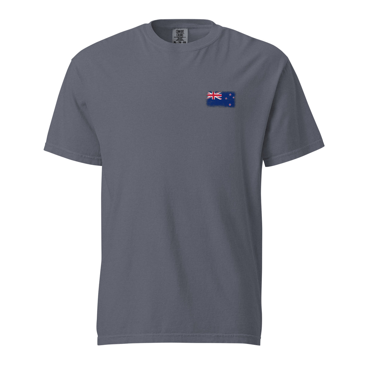 New Zealand flag t-shirt in Denim, vintage-washed print, small flag on the left chest, unisex cut, front view