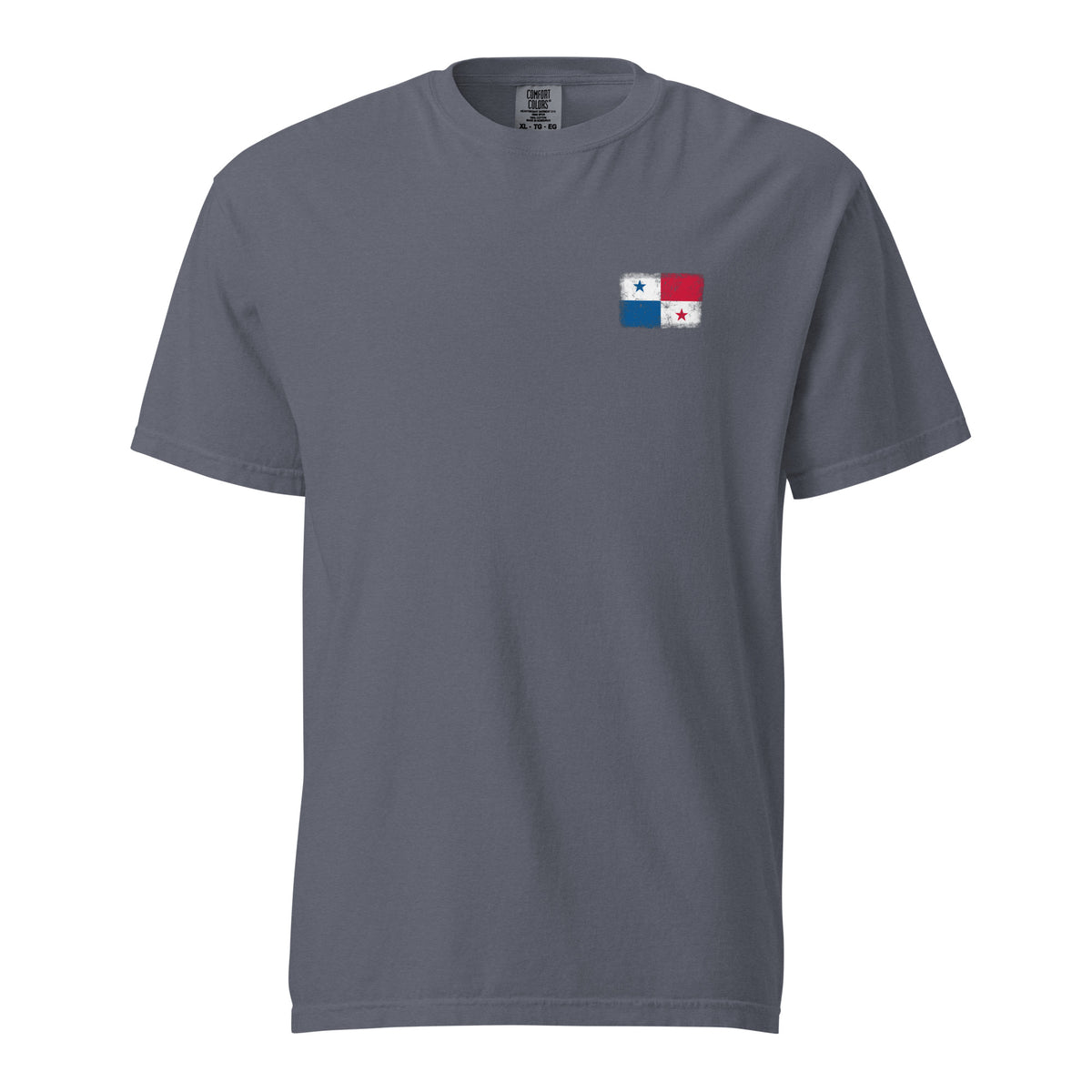 Panama flag t-shirt in Denim, vintage-washed print, small flag on the left chest, unisex cut, front view