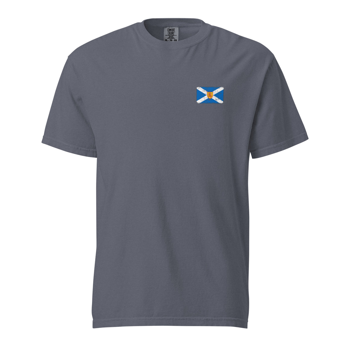 Scotland flag t-shirt in Denim, vintage-washed print, small flag on the left chest, unisex cut, front view