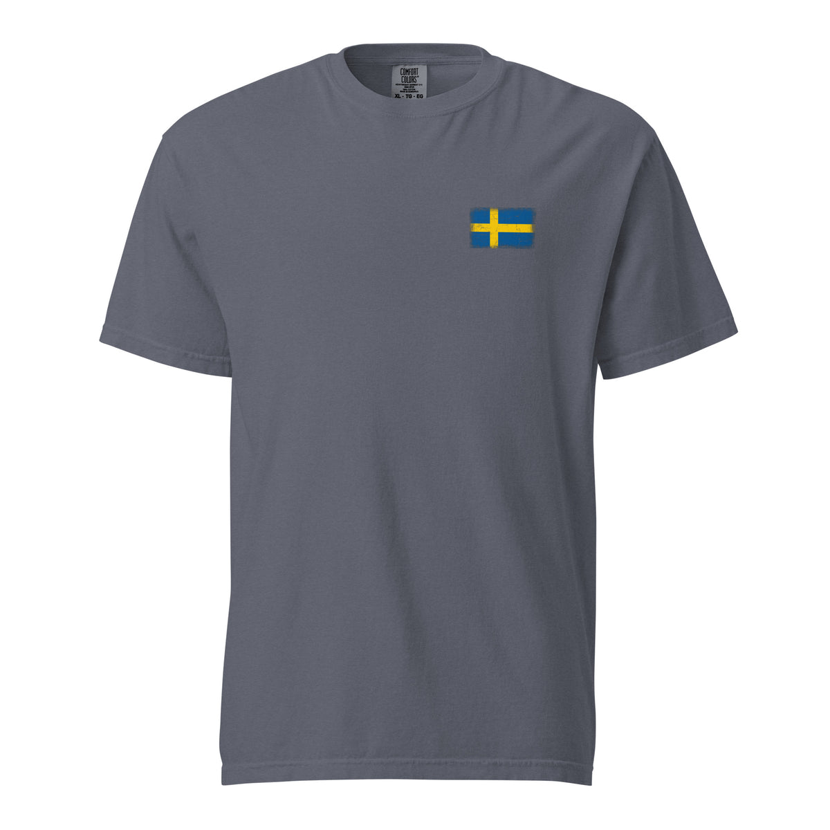 Sweden flag t-shirt in Denim, vintage-washed print, small flag on the left chest, unisex cut, front view