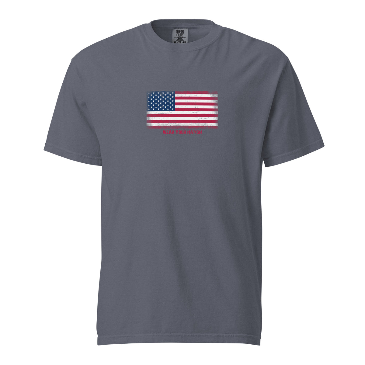 USA flag t-shirt in Denim, vintage-washed print, large flag on the chest, unisex cut, front view
