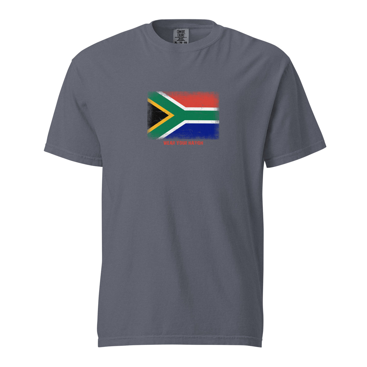 South Africa flag t-shirt in Denim, vintage-washed print, large flag on the chest, unisex cut, front view