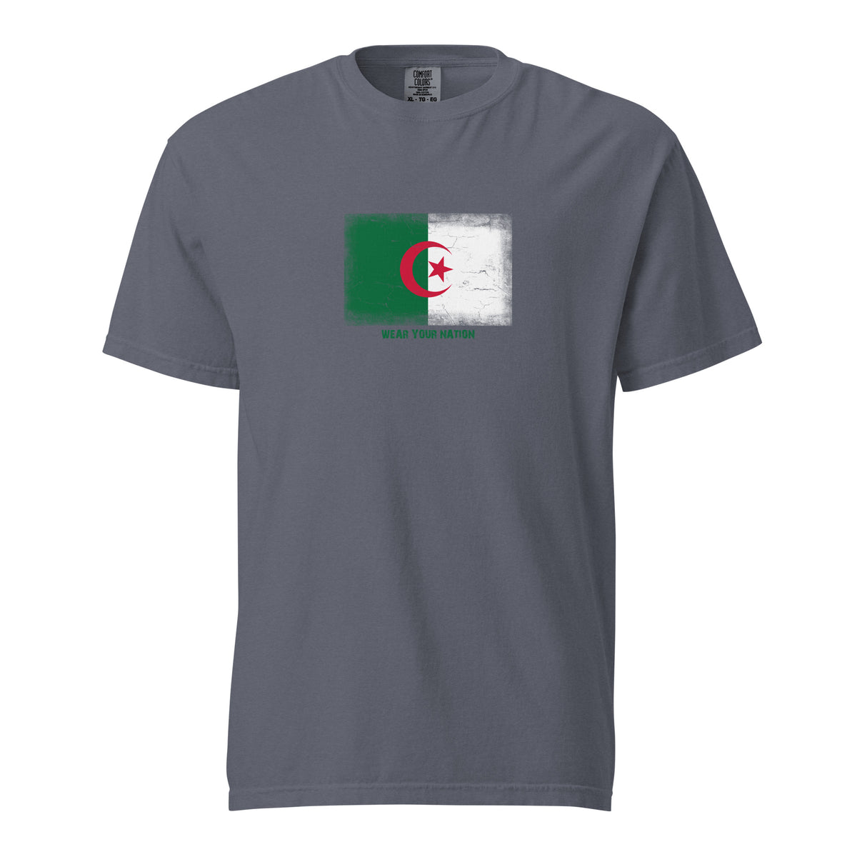 Algeria flag t-shirt in Denim, vintage-washed print, large flag on the chest, unisex cut, front view