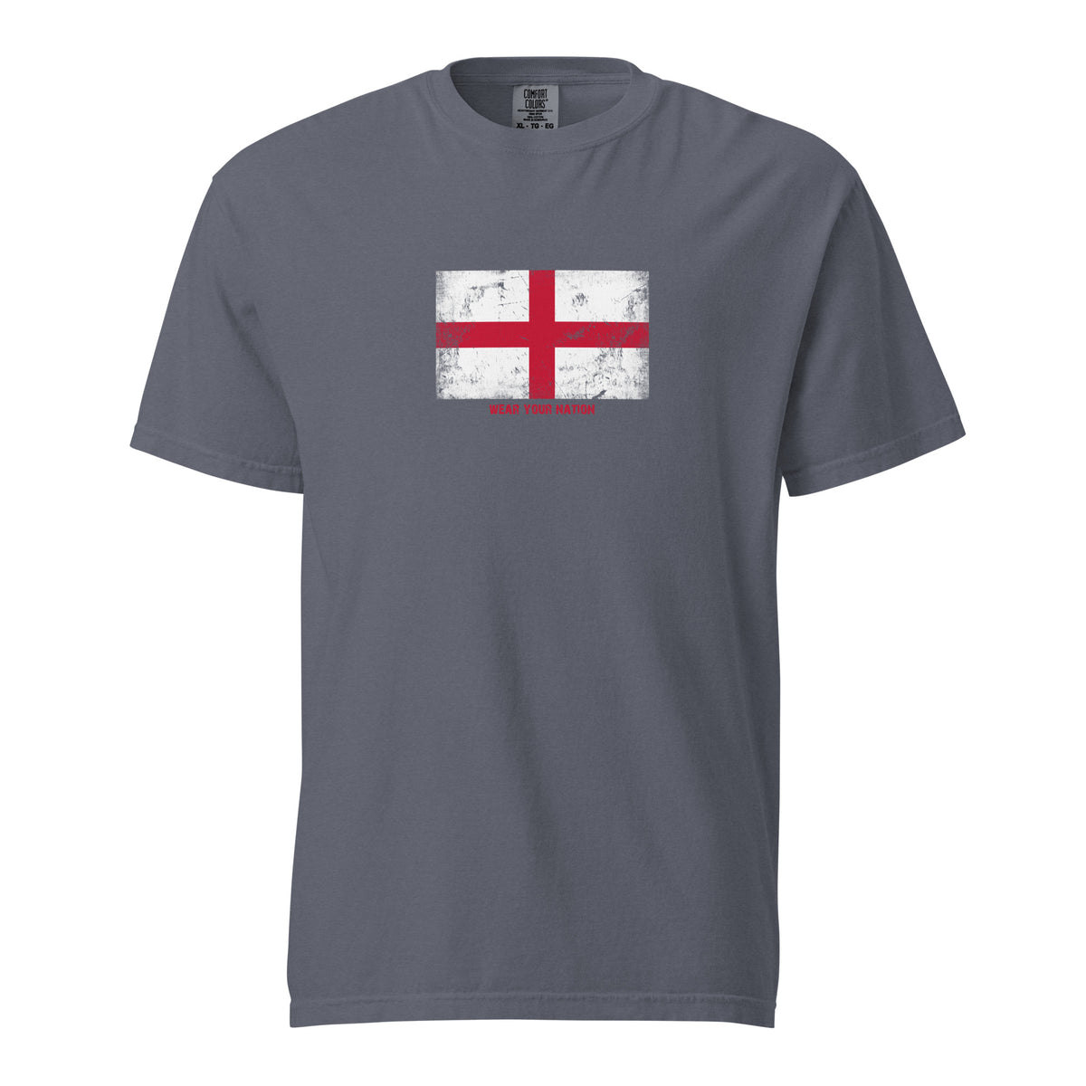 England flag t-shirt in Denim, vintage-washed print, large flag on the chest, unisex cut, front view