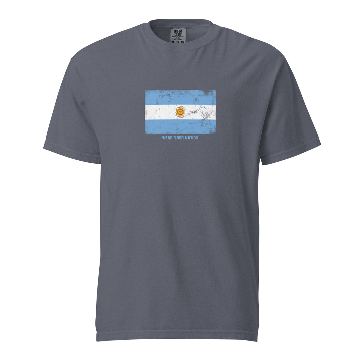 Argentina flag t-shirt in Denim, vintage-washed print, large flag on the chest, unisex cut, front view