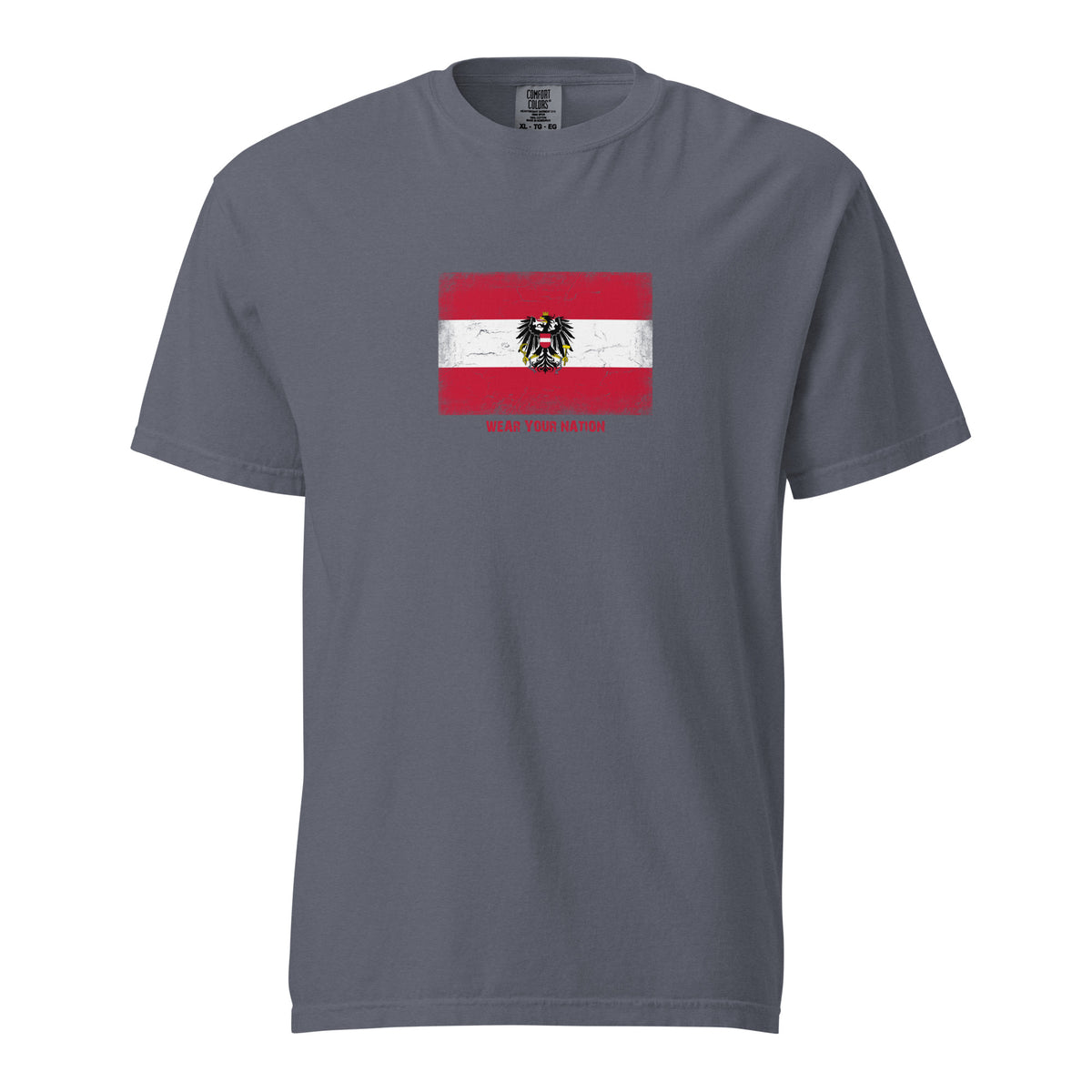 Austria flag t-shirt in Denim, vintage-washed print, large flag on the chest, unisex cut, front view
