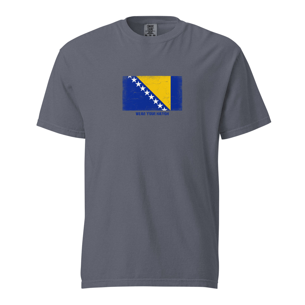 Bosnia and Herzegovina flag t-shirt in Denim, vintage-washed print, large flag on the chest, unisex cut, front view