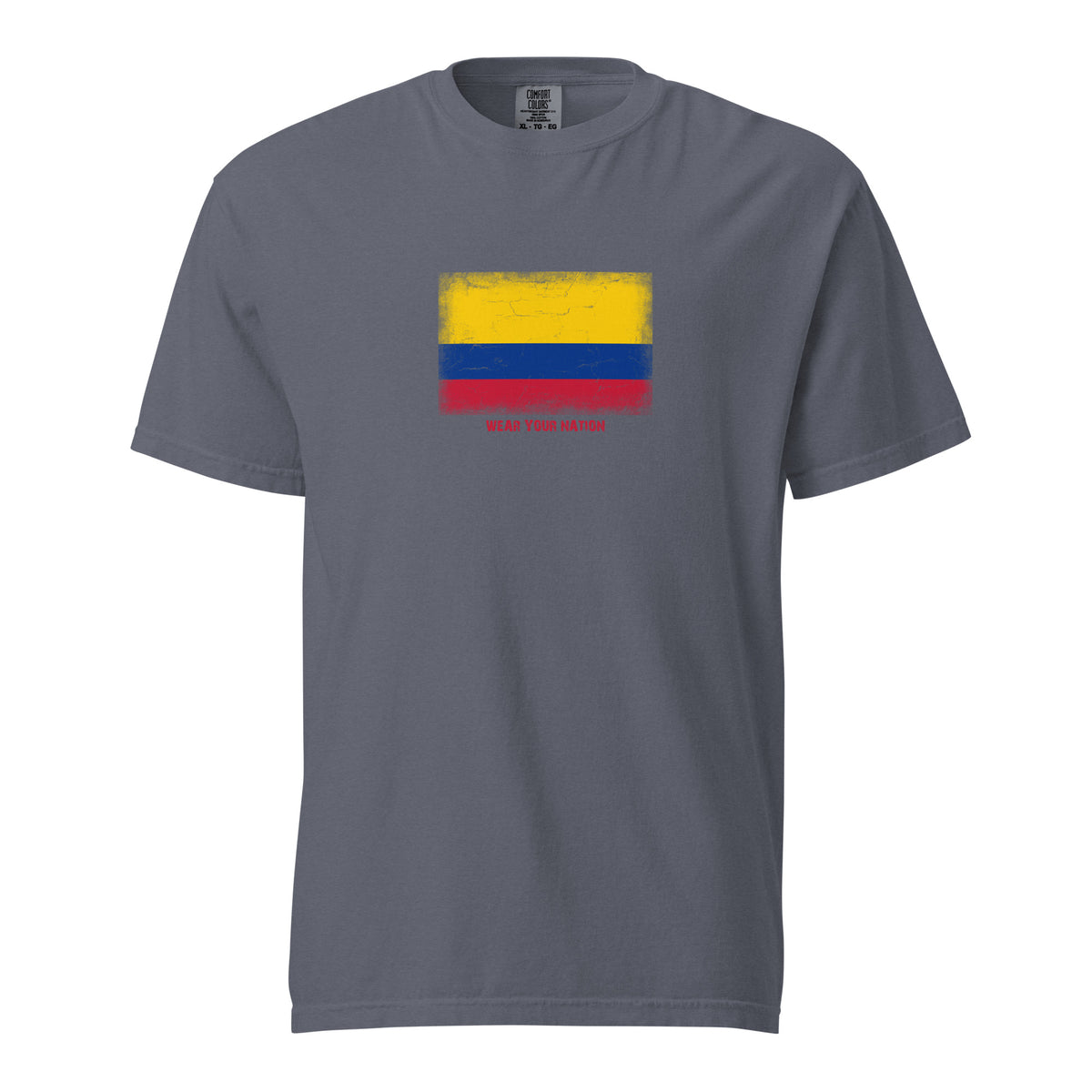 Colombia flag t-shirt in Denim, vintage-washed print, large flag on the chest, unisex cut, front view