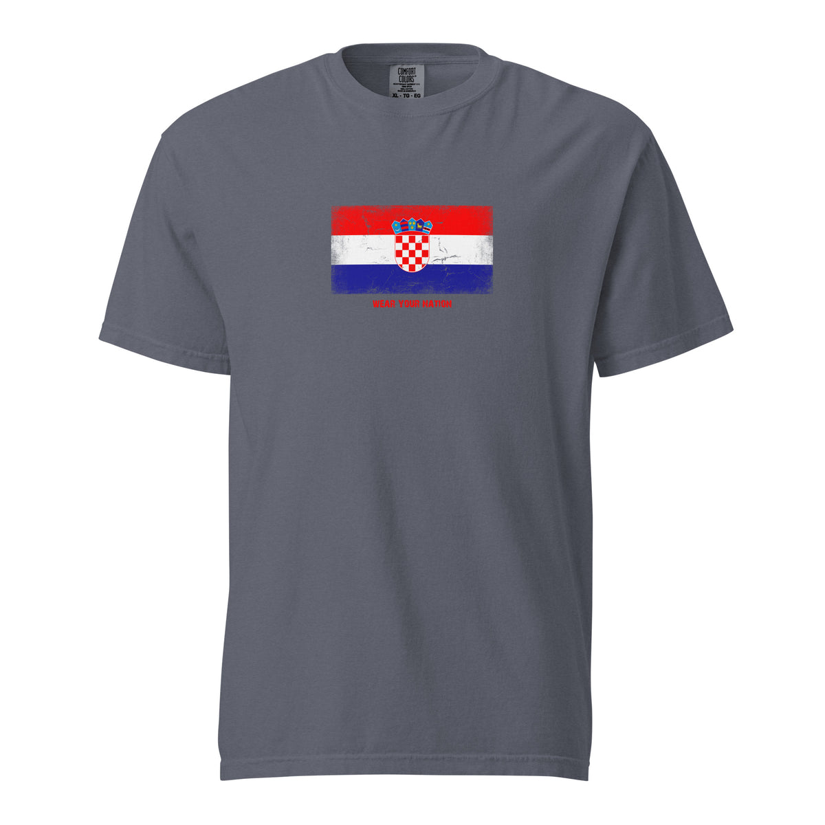 Croatia flag t-shirt in Denim, vintage-washed print, large flag on the chest, unisex cut, front view