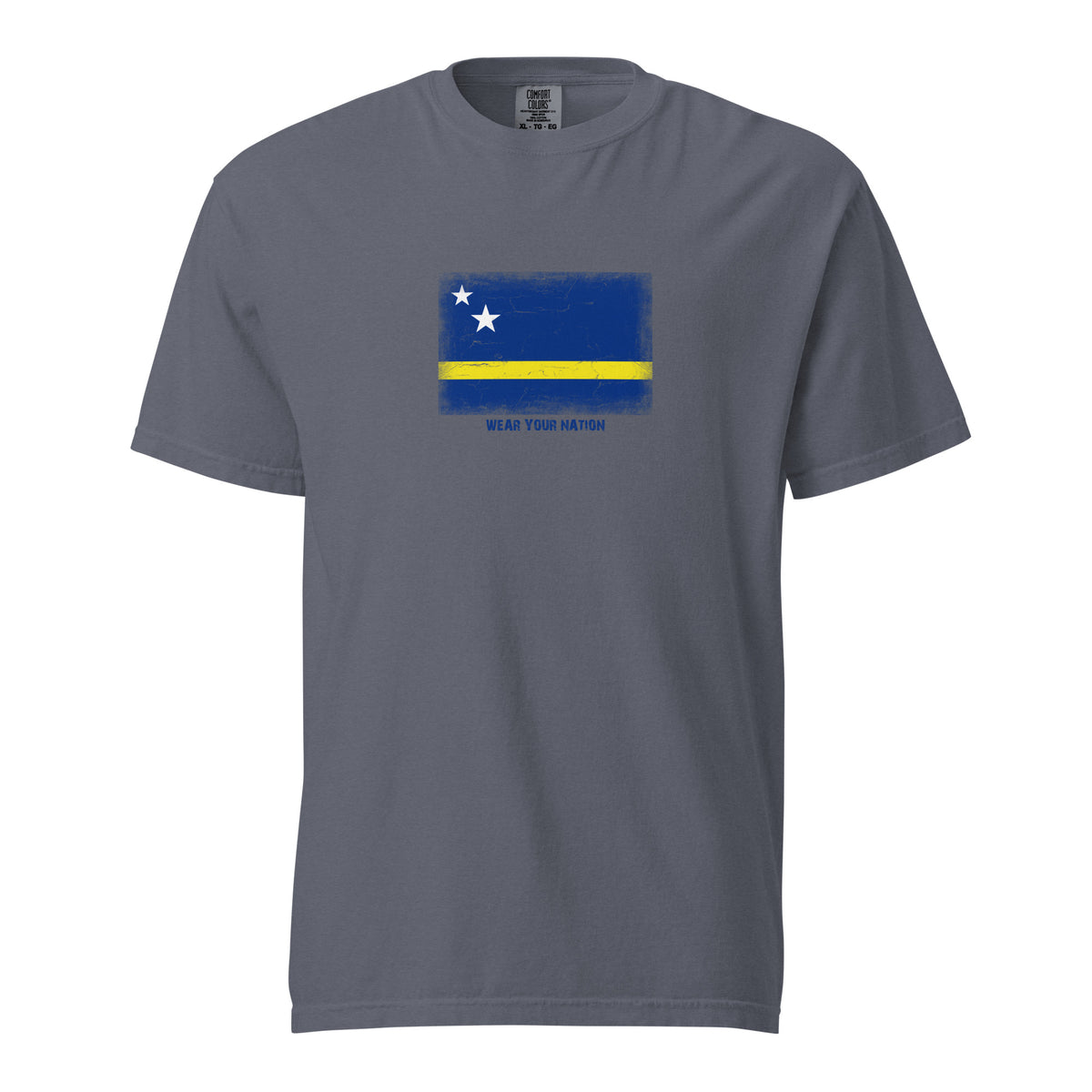 Curaçao flag t-shirt in Denim, vintage-washed print, large flag on the chest, unisex cut, front view