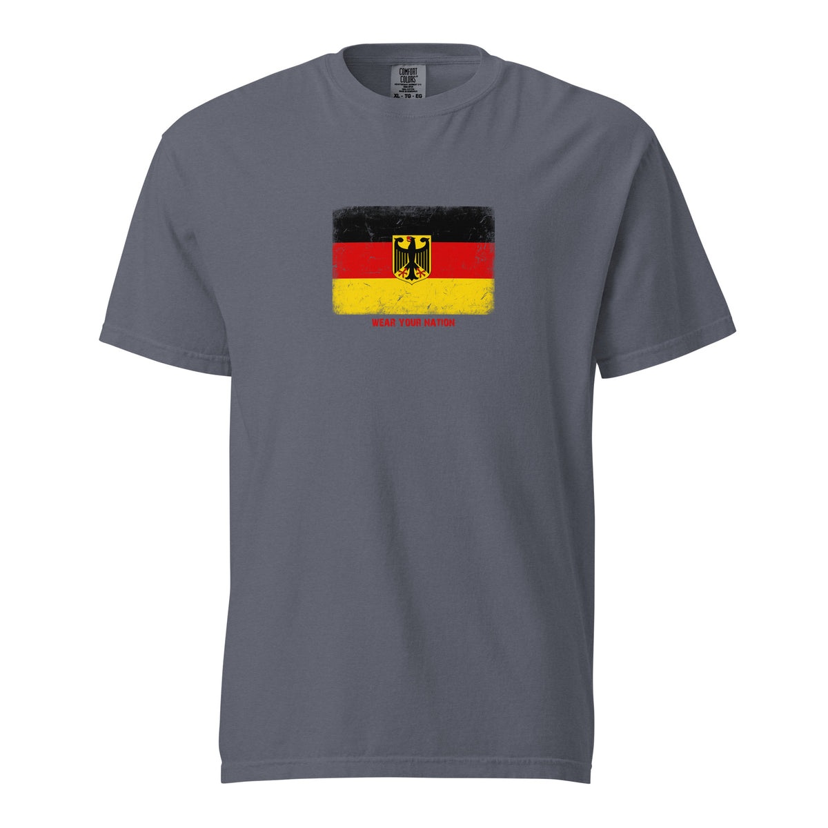 Germany flag t-shirt in Denim, vintage-washed print, large flag on the chest, unisex cut, front view