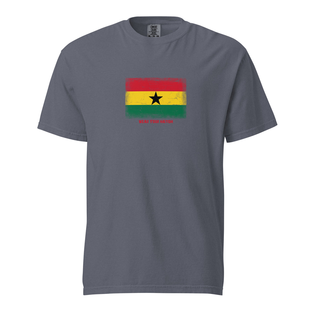 Ghana flag t-shirt in Denim, vintage-washed print, large flag on the chest, unisex cut, front view