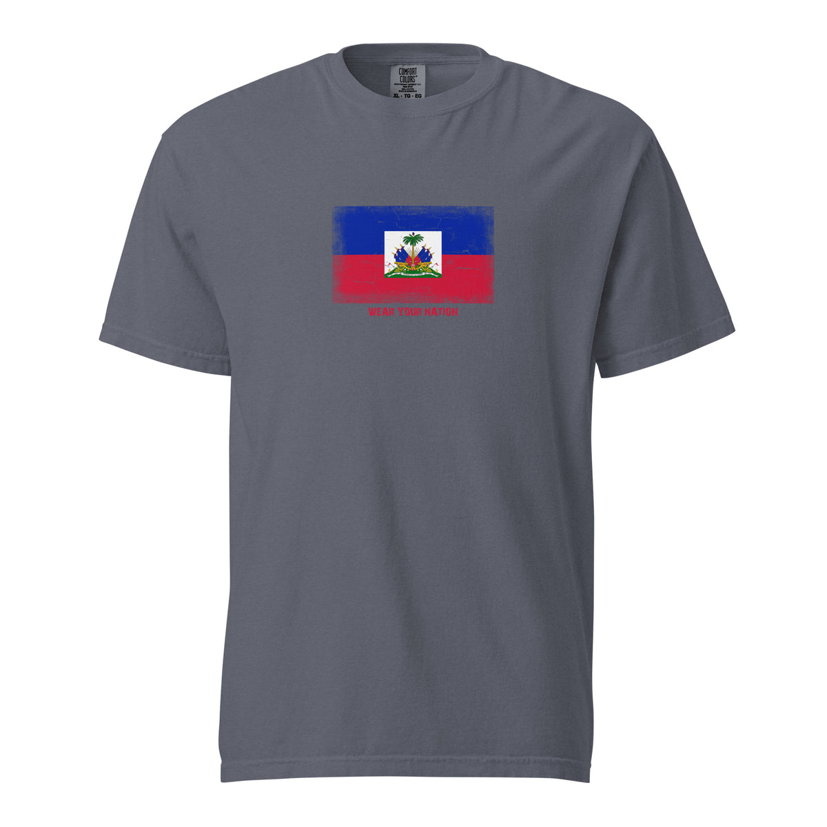 Haiti flag t-shirt in Denim, vintage-washed print, large flag on the chest, unisex cut, front view