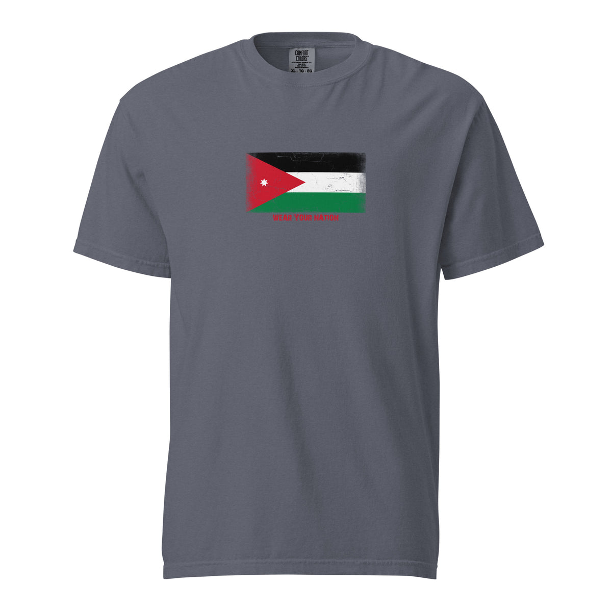 Jordan flag t-shirt in Denim, vintage-washed print, large flag on the chest, unisex cut, front view