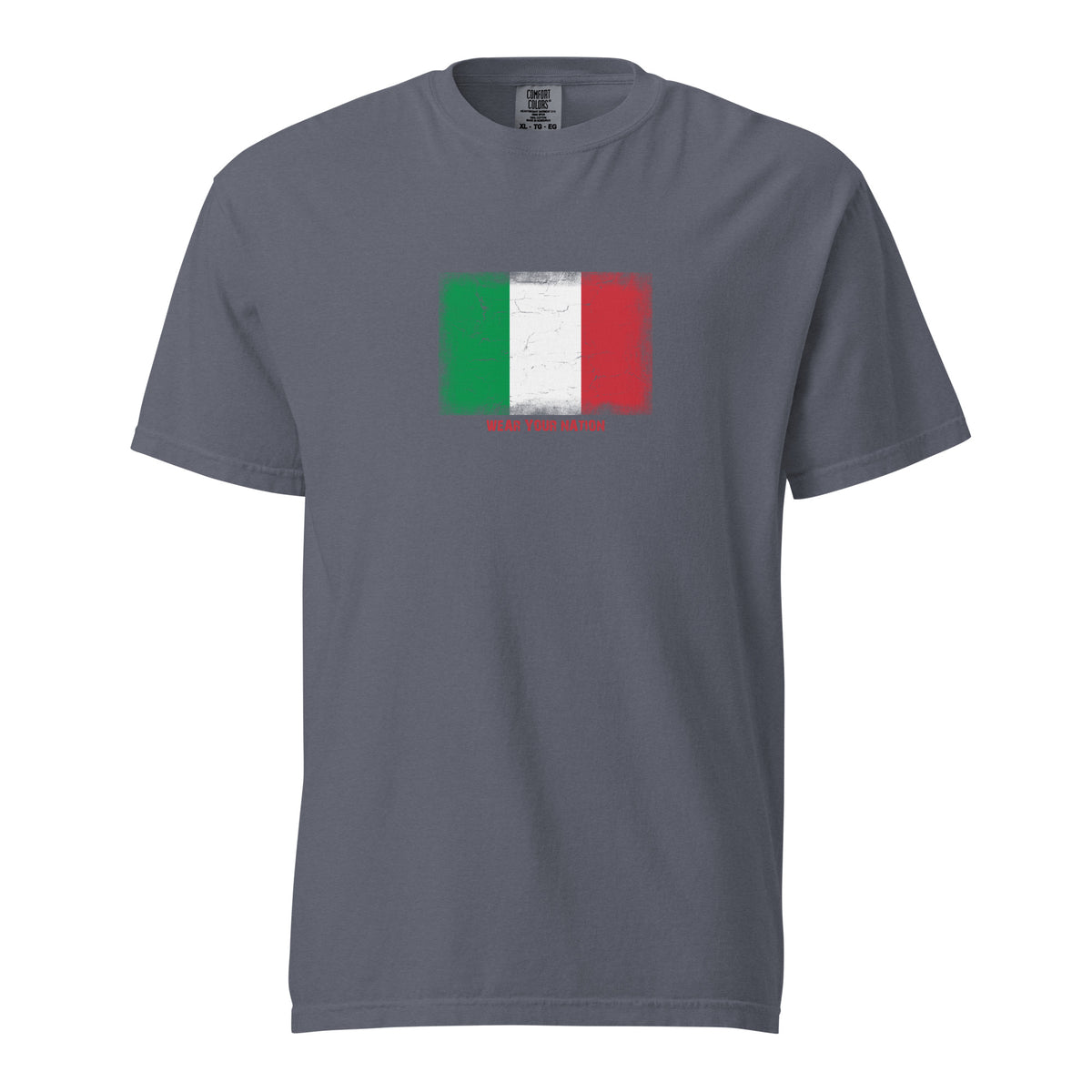 Italy flag t-shirt in Denim, vintage-washed print, large flag on the chest, unisex cut, front view