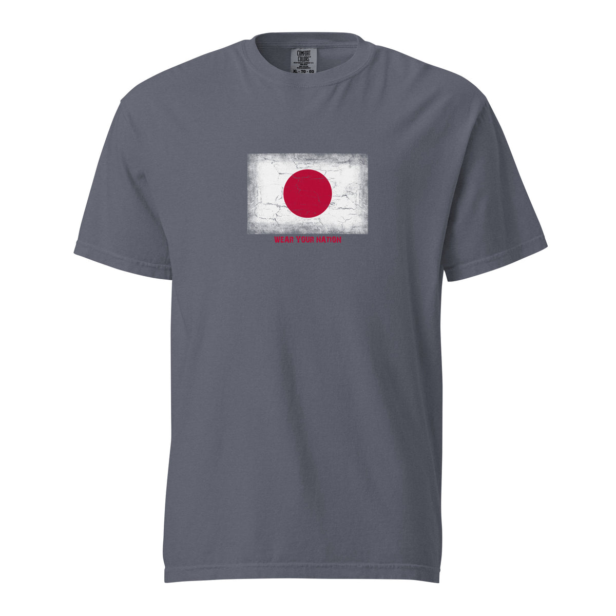 Japan flag t-shirt in Denim, vintage-washed print, large flag on the chest, unisex cut, front view