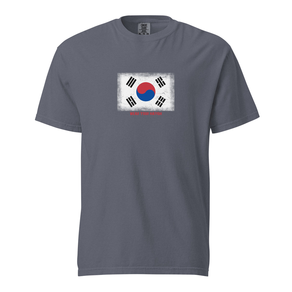 South Korea flag t-shirt in Denim, vintage-washed print, large flag on the chest, unisex cut, front view