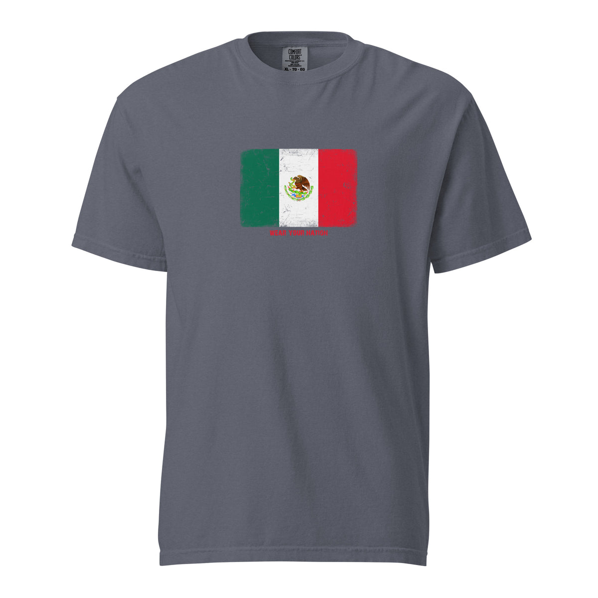 Mexico flag t-shirt in Denim, vintage-washed print, large flag on the chest, unisex cut, front view