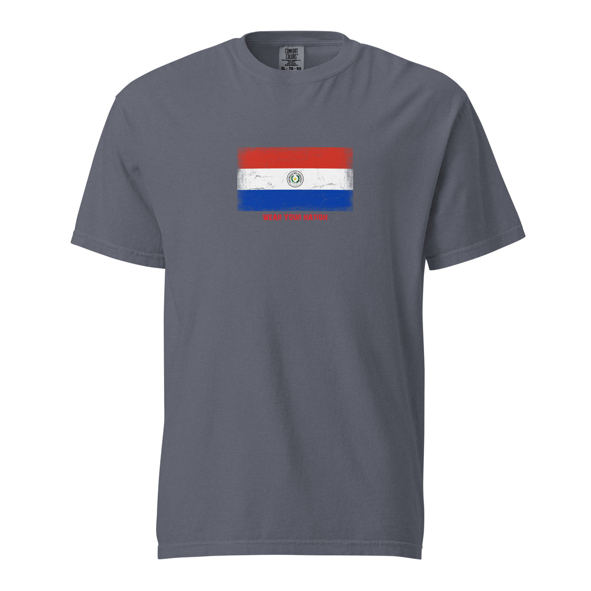 Paraguay flag t-shirt in Denim, vintage-washed print, large flag on the chest, unisex cut, front view