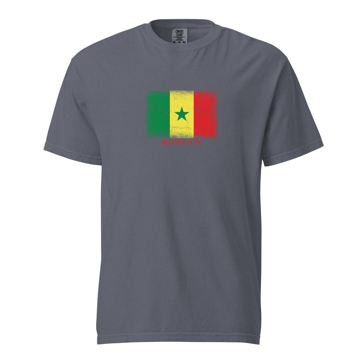 Senegal flag t-shirt in Denim, vintage-washed print, large flag on the chest, unisex cut, front view