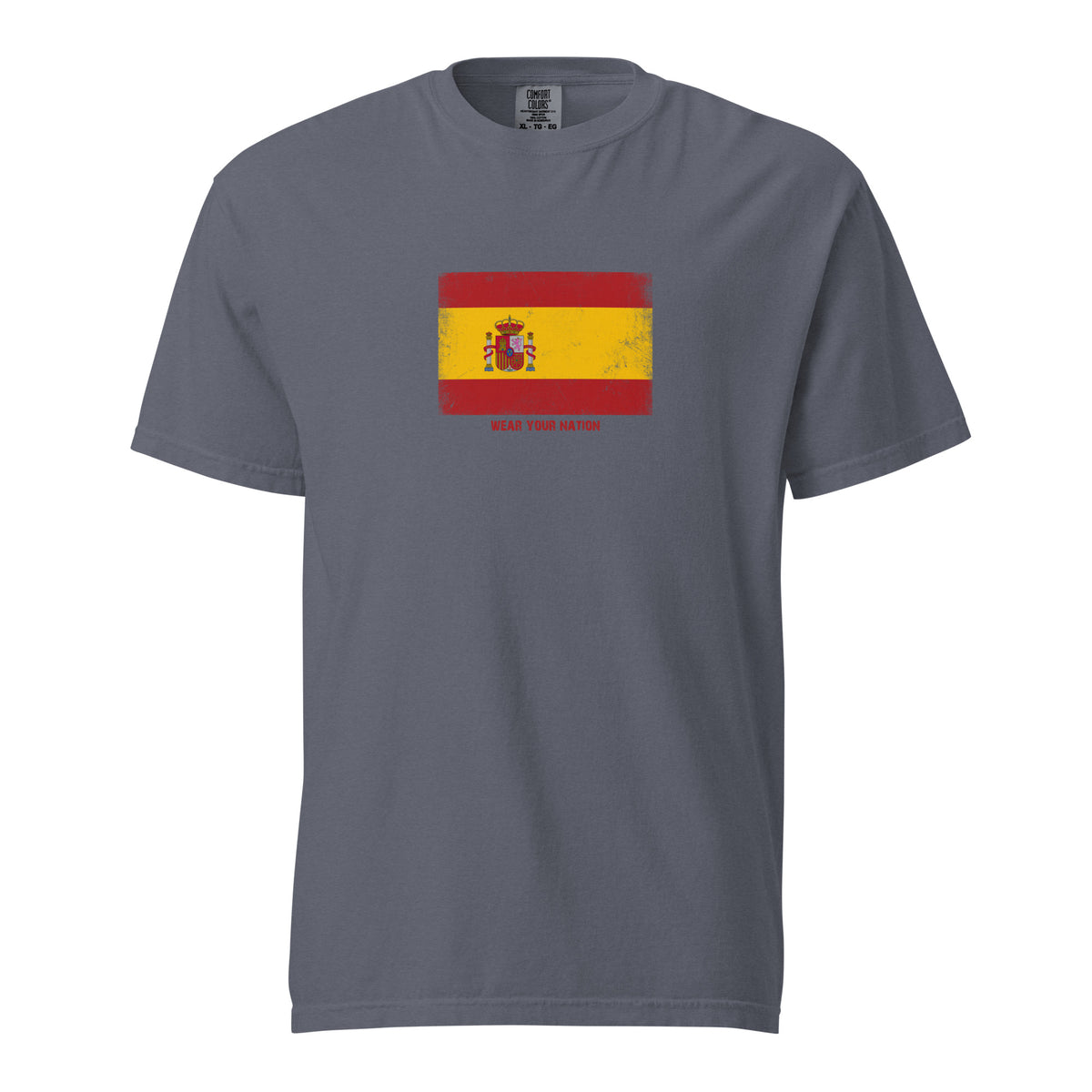 Spain flag t-shirt in Denim, vintage-washed print, large flag on the chest, unisex cut, front view