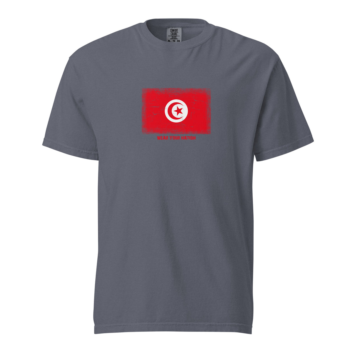 Tunisia flag t-shirt in Denim, vintage-washed print, large flag on the chest, unisex cut, front view