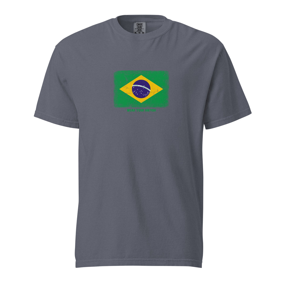 Brasil flag t-shirt in Denim, vintage-washed print, large flag on the chest, unisex cut, front view