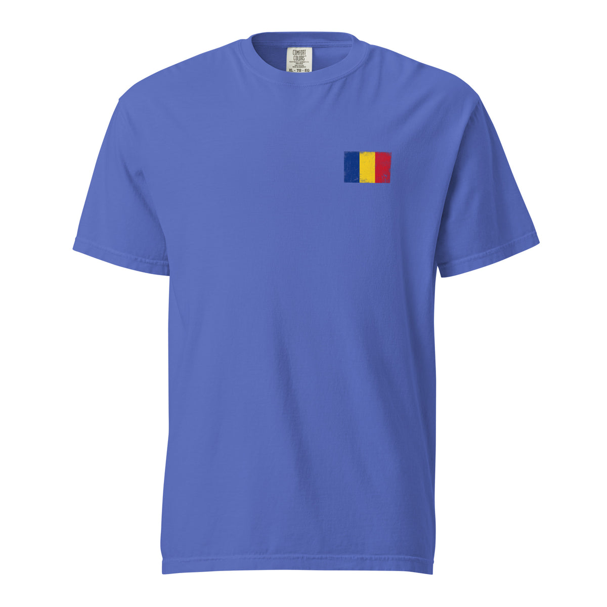 Romania flag t-shirt in Flo Blue, vintage-washed print, small flag on the left chest, unisex cut, front view