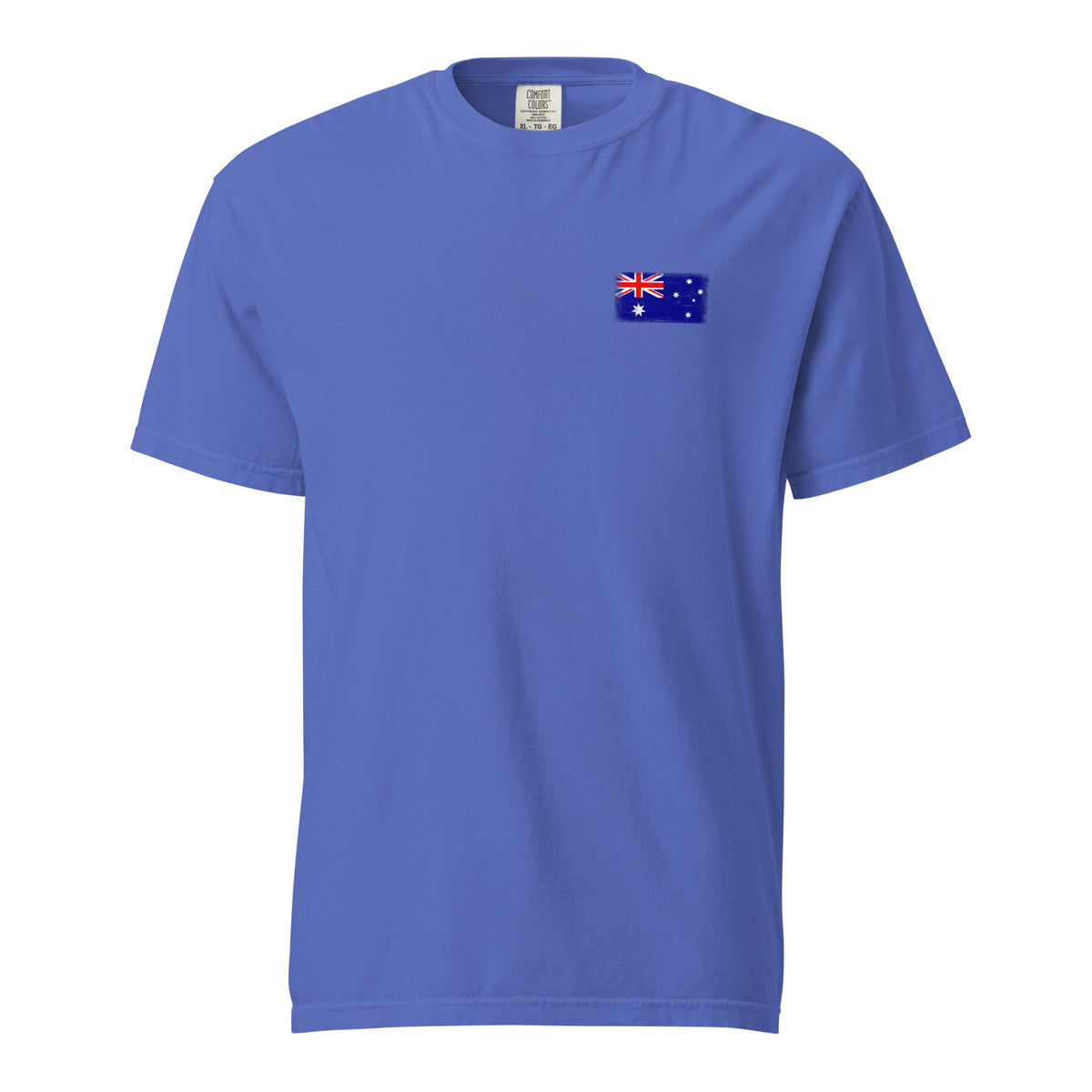 Australia flag t-shirt in Flo Blue, vintage-washed print, small flag on the left chest, unisex cut, front view