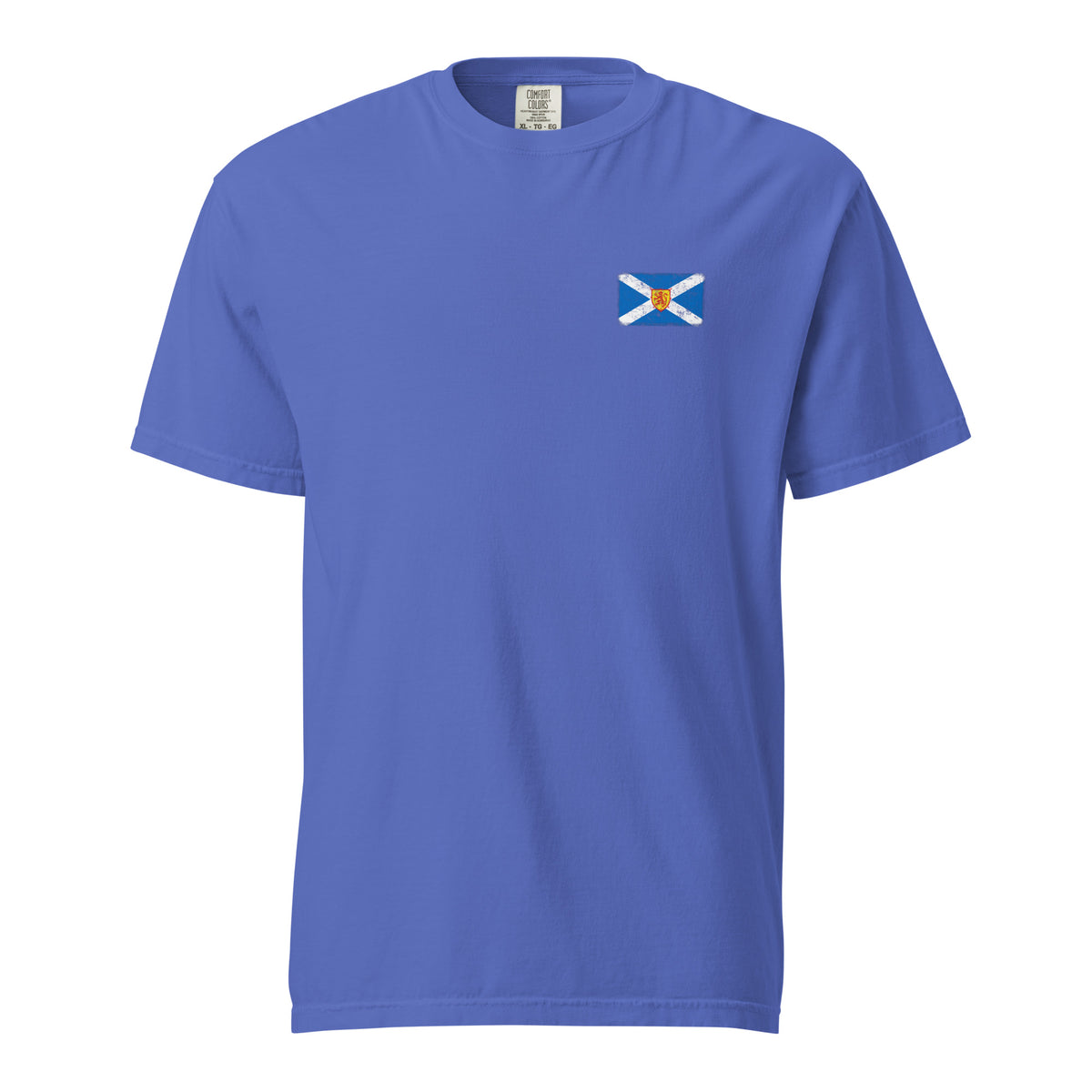 Scotland flag t-shirt in Flo Blue, vintage-washed print, small flag on the left chest, unisex cut, front view