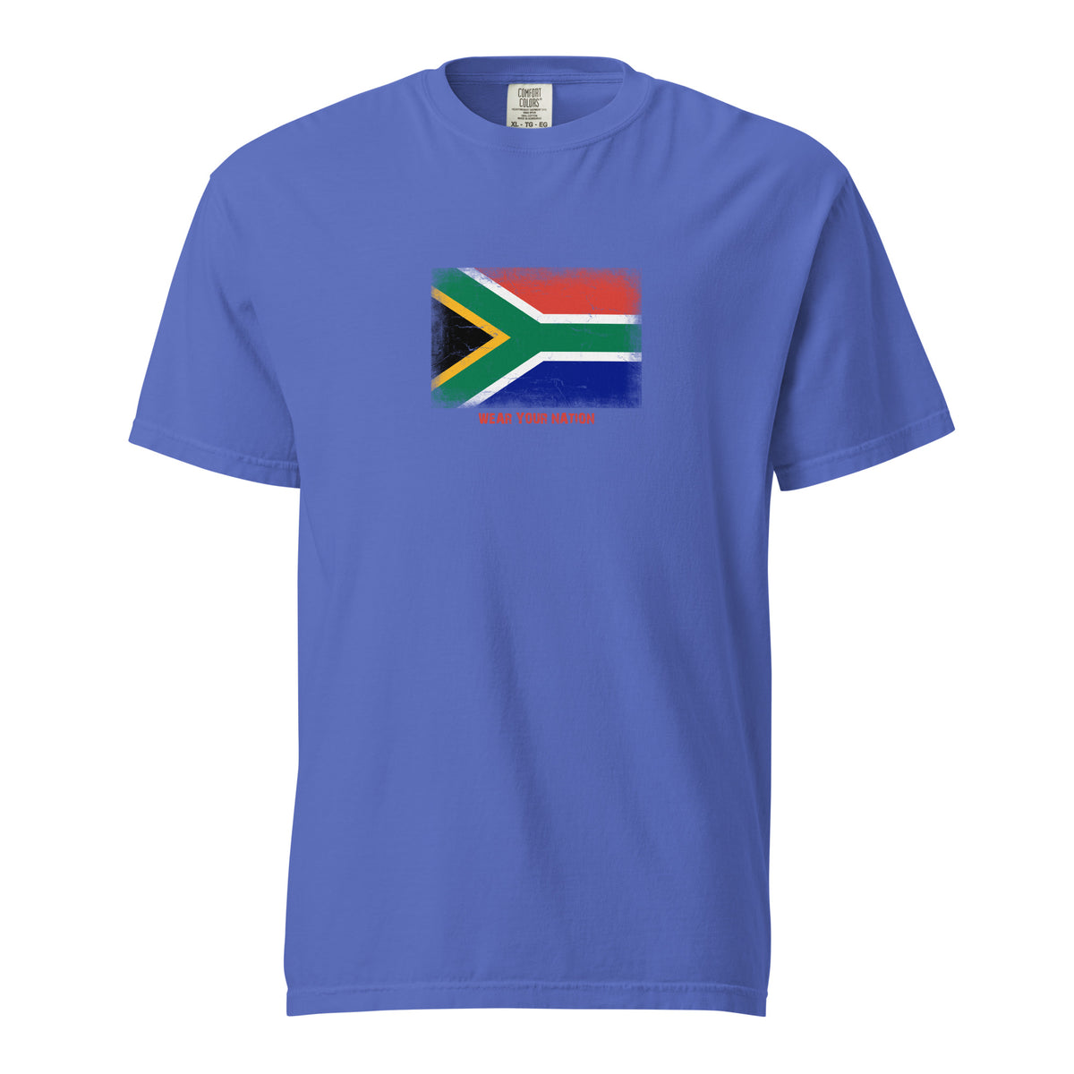 South Africa flag t-shirt in Flo Blue, vintage-washed print, large flag on the chest, unisex cut, front view