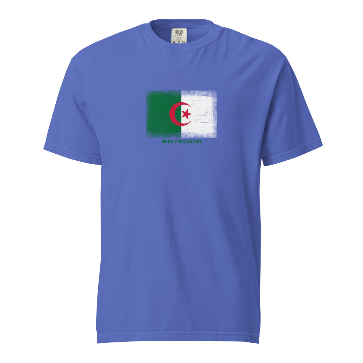 Algeria flag t-shirt in Flo Blue, vintage-washed print, large flag on the chest, unisex cut, front view