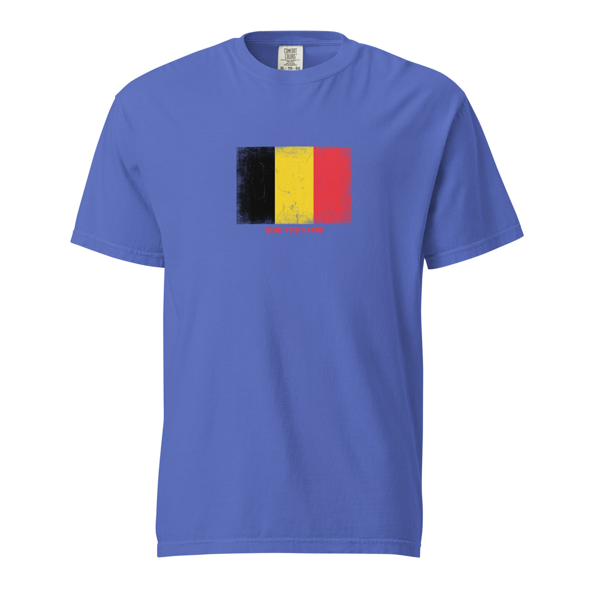 Belgium flag t-shirt in Flo Blue, vintage-washed print, large flag on the chest, unisex cut, front view