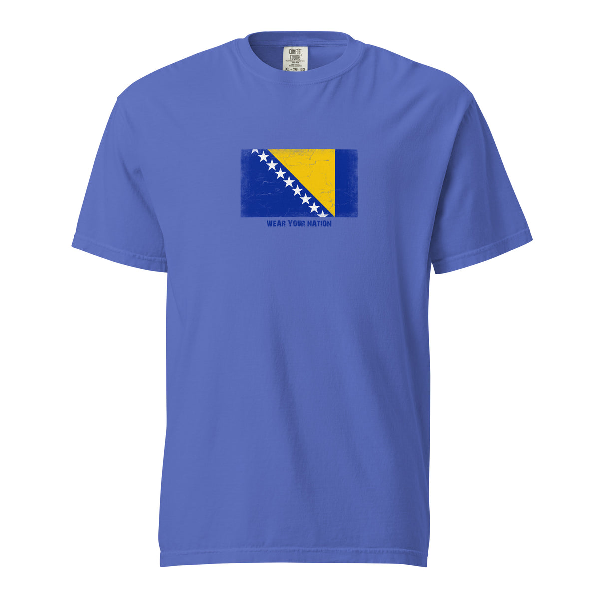 Bosnia and Herzegovina flag t-shirt in Flo Blue, vintage-washed print, large flag on the chest, unisex cut, front view