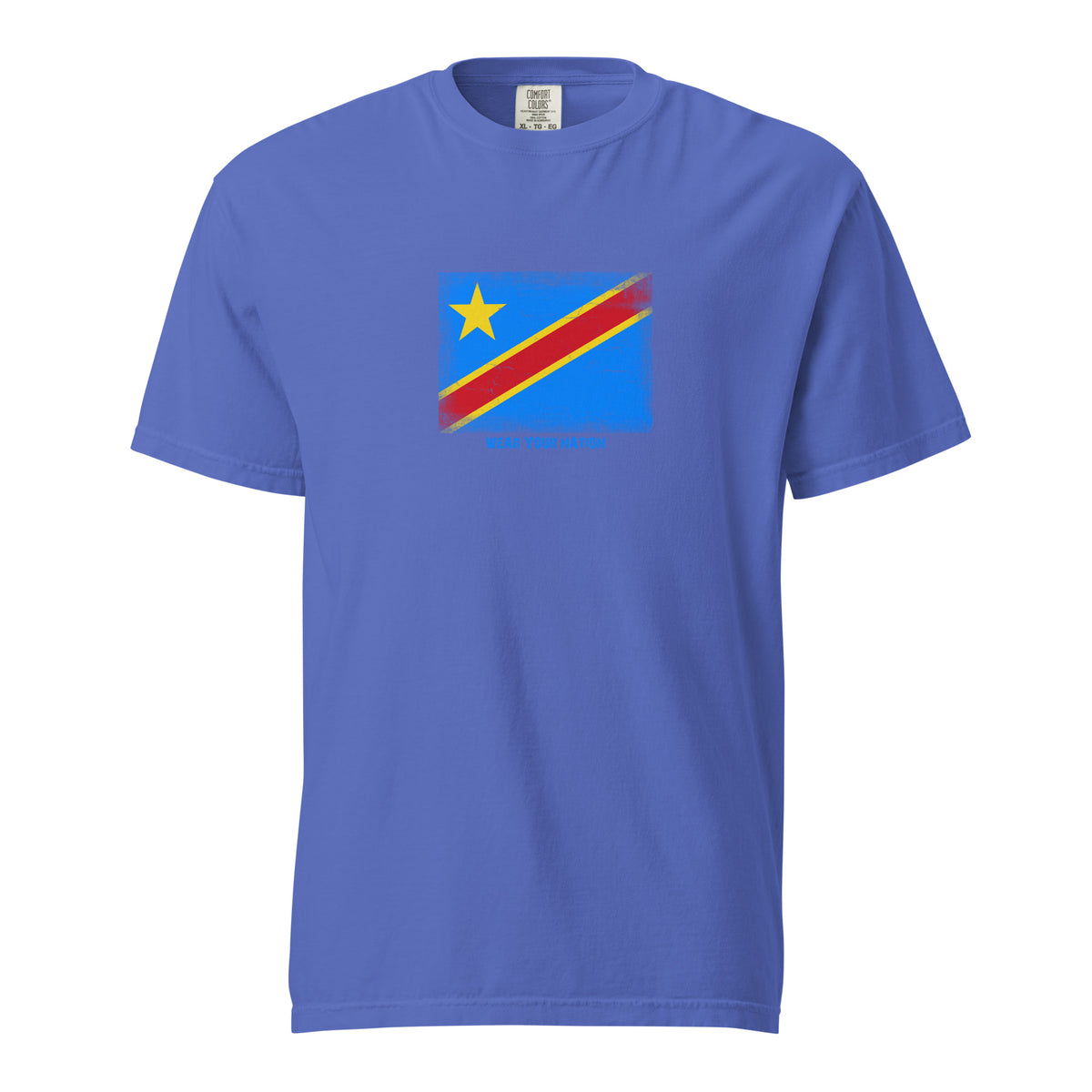 Congo flag t-shirt in Flo Blue, vintage-washed print, large flag on the chest, unisex cut, front view