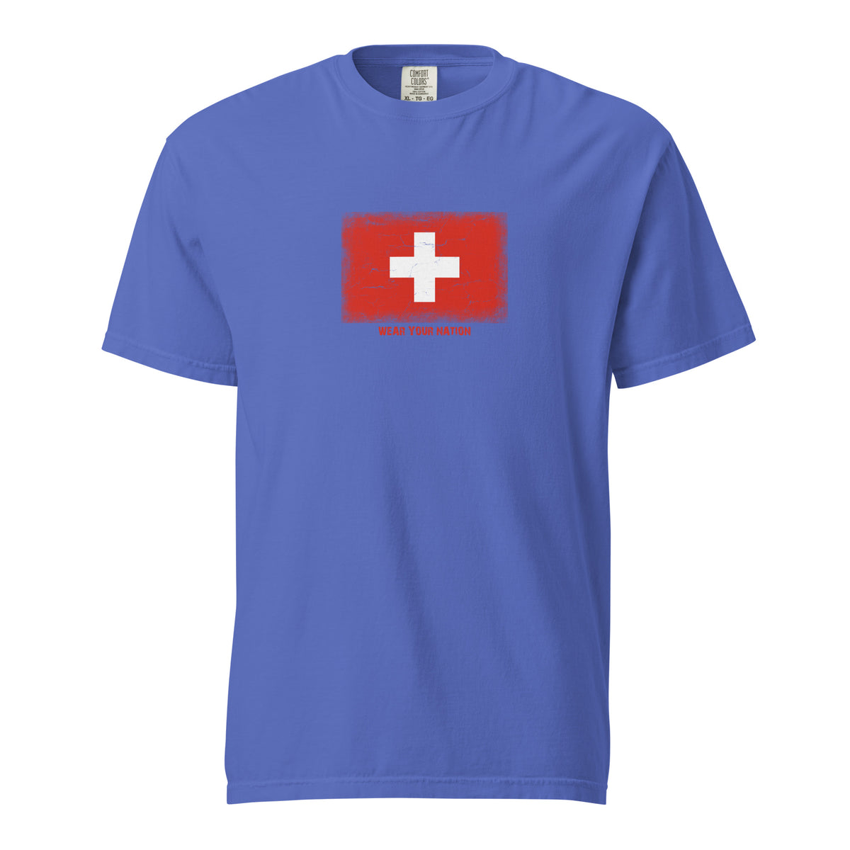 Switzerland flag t-shirt in Flo Blue, vintage-washed print, large flag on the chest, unisex cut, front view