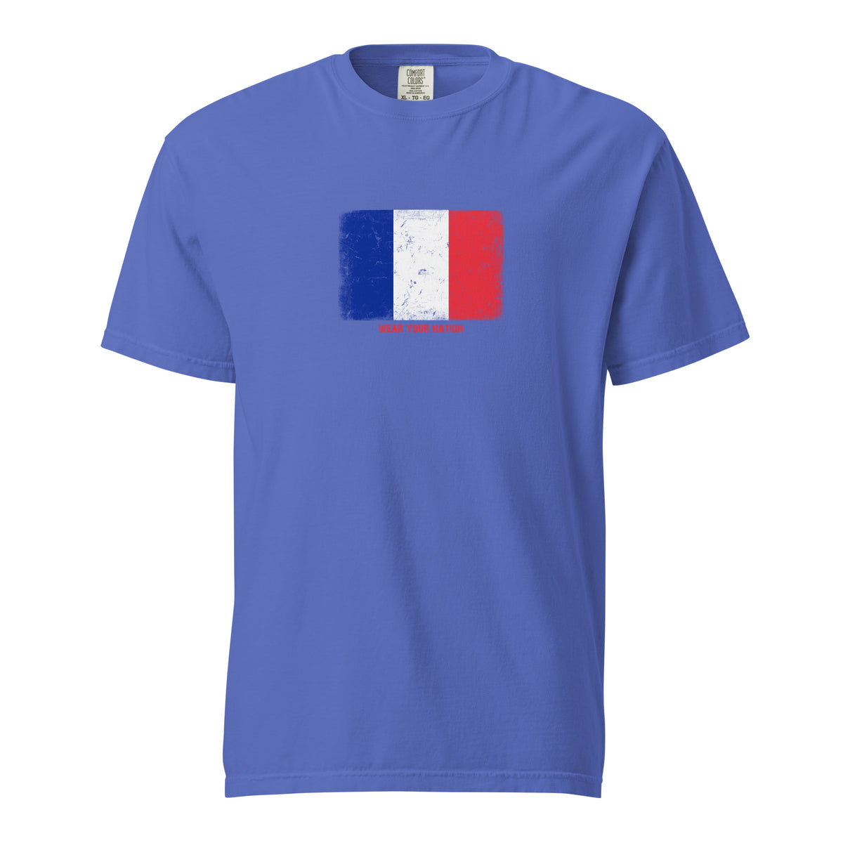 France flag t-shirt in Flo Blue, vintage-washed print, large flag on the chest, unisex cut, front view