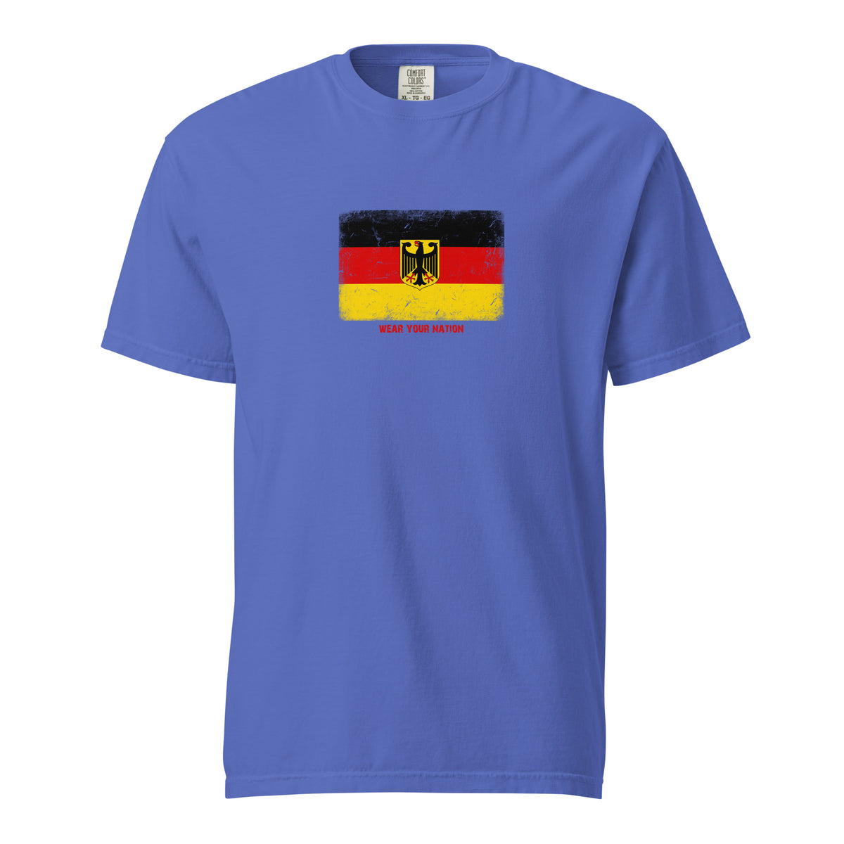 Germany flag t-shirt in Flo Blue, vintage-washed print, large flag on the chest, unisex cut, front view