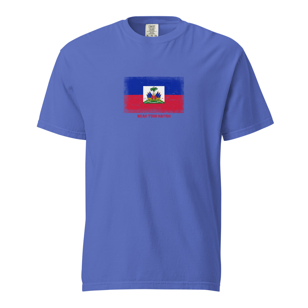 Haiti flag t-shirt in Flo Blue, vintage-washed print, large flag on the chest, unisex cut, front view