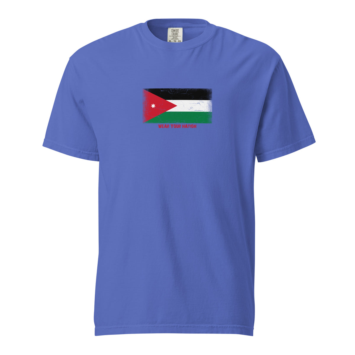 Jordan flag t-shirt in Flo Blue, vintage-washed print, large flag on the chest, unisex cut, front view