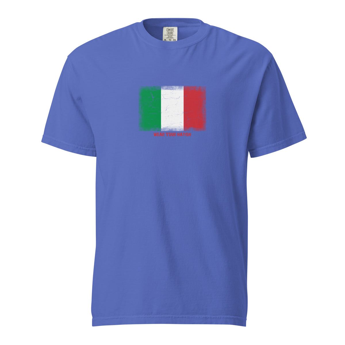 Italy flag t-shirt in Flo Blue, vintage-washed print, large flag on the chest, unisex cut, front view