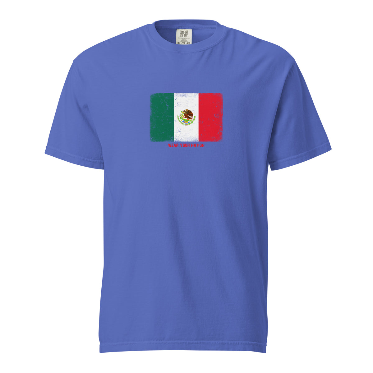 Mexico flag t-shirt in Flo Blue, vintage-washed print, large flag on the chest, unisex cut, front view