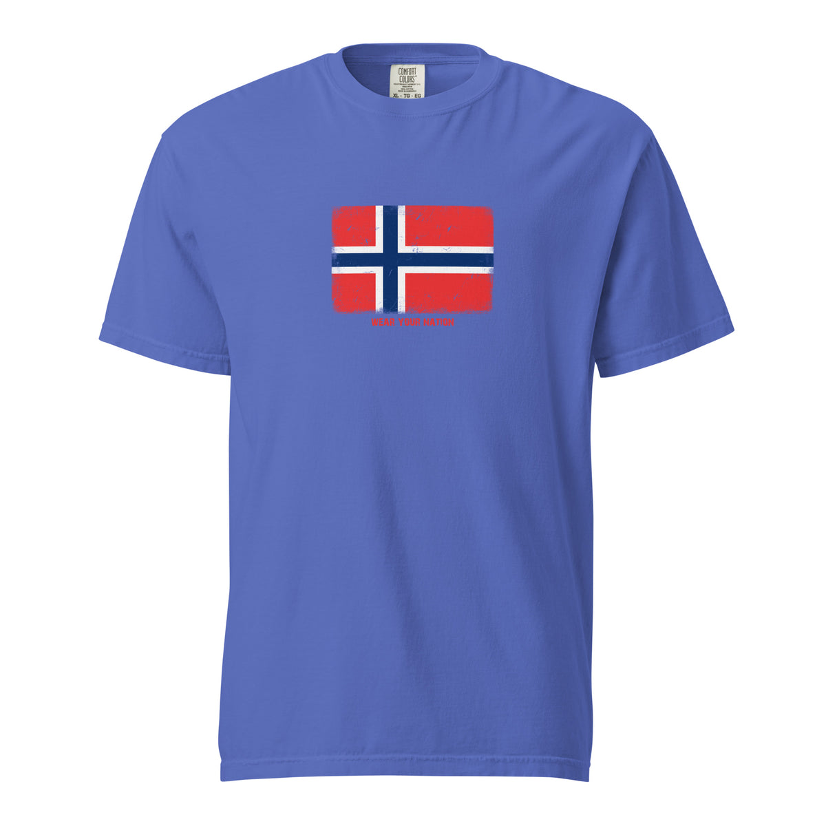 Norway flag t-shirt in Flo Blue, vintage-washed print, large flag on the chest, unisex cut, front view