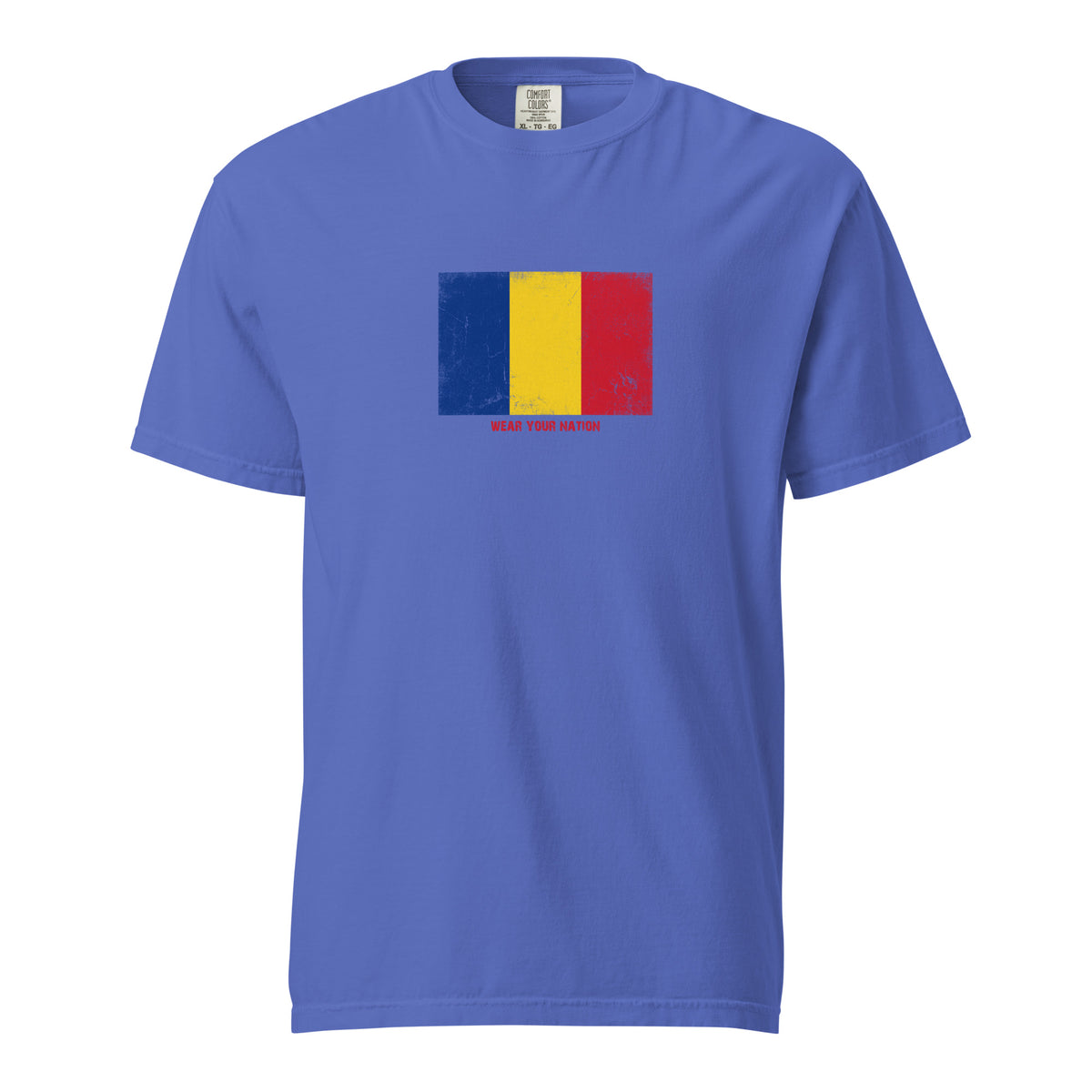 Romania flag t-shirt in Flo Blue, vintage-washed print, large flag on the chest, unisex cut, front view