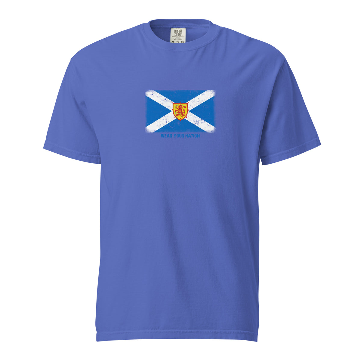 Scotland flag t-shirt in Flo Blue, vintage-washed print, large flag on the chest, unisex cut, front view
